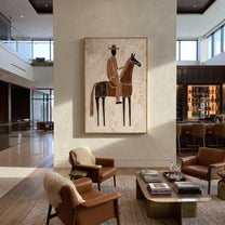 Striped Rider Crosses Ivory - brown horse rider painting by Elliot Vale, modern figurative vertical wall art - styled room scene view 4