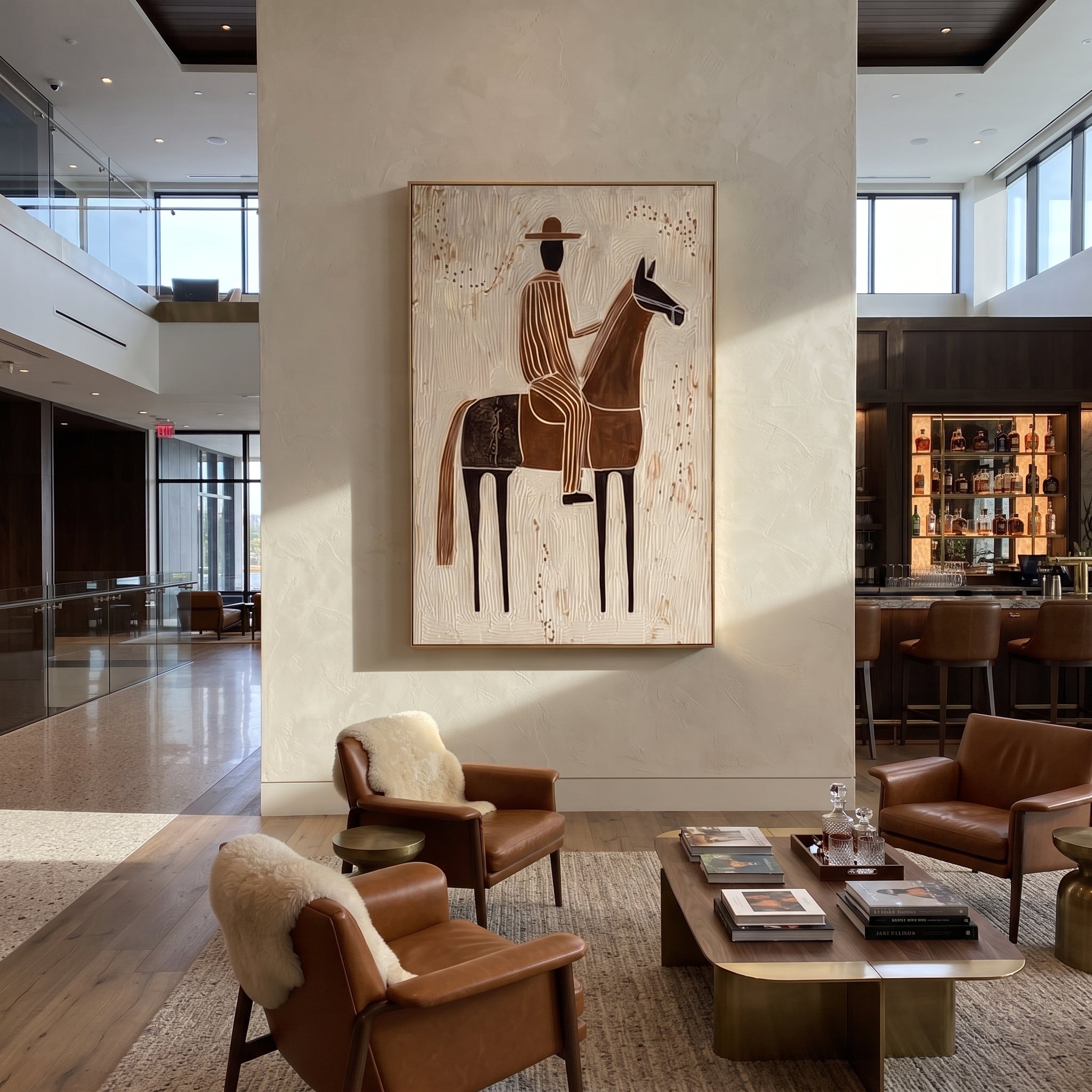 Striped Rider Crosses Ivory - brown horse rider painting by Elliot Vale, modern figurative vertical wall art - styled room scene view 4