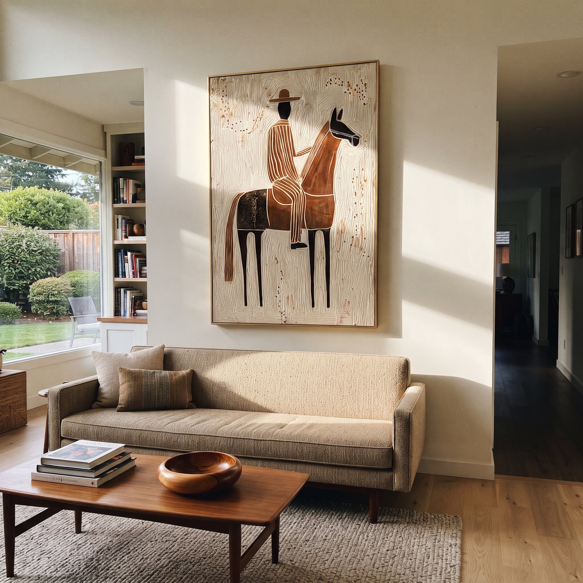 Striped Rider Crosses Ivory - brown horse rider painting by Elliot Vale, modern figurative vertical wall art - styled room scene view 5