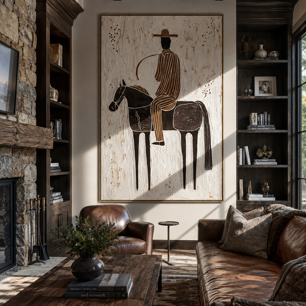 Black Saddle Holds Stripes - spotted horse rider painting by Elliot Vale, modern figurative vertical wall art - styled room scene view 1