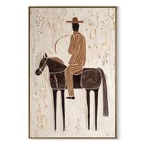 Black Saddle Holds Stripes - spotted horse rider painting by Elliot Vale, modern figurative vertical wall art - wood frame on white background