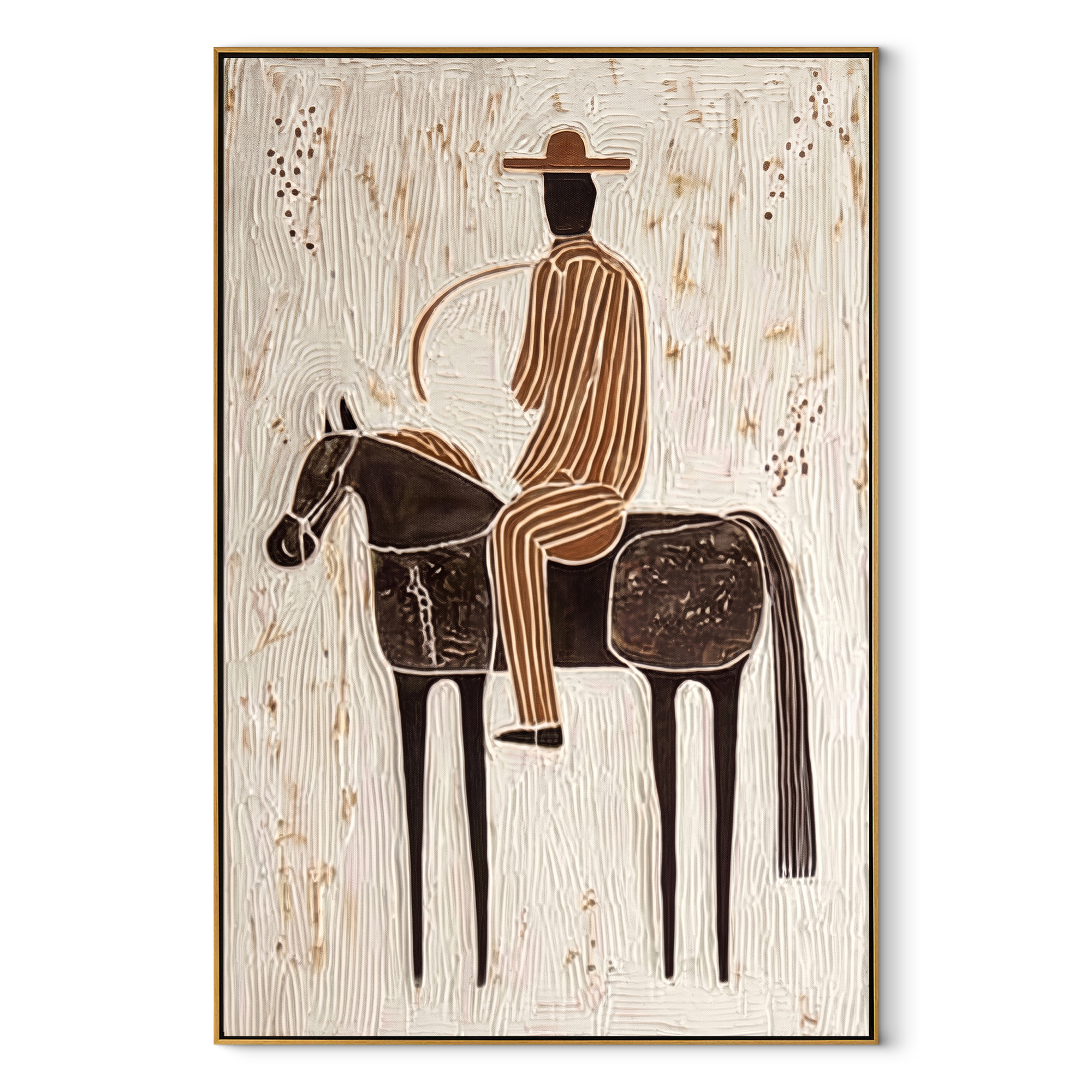 Black Saddle Holds Stripes - spotted horse rider painting by Elliot Vale, modern figurative vertical wall art - wood frame on white background