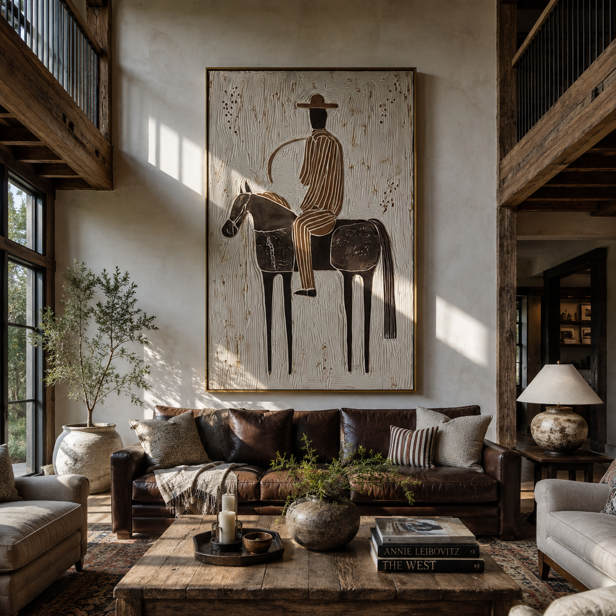 Black Saddle Holds Stripes - spotted horse rider painting by Elliot Vale, modern figurative vertical wall art - styled room scene view 2