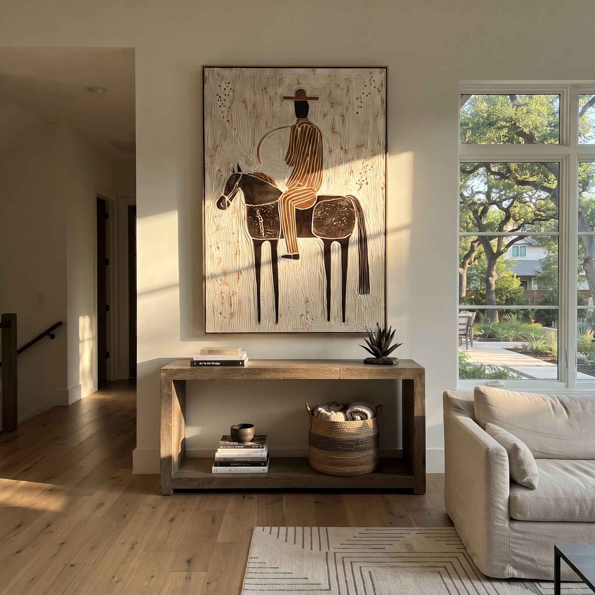 Black Saddle Holds Stripes - spotted horse rider painting by Elliot Vale, modern figurative vertical wall art - styled room scene view 3