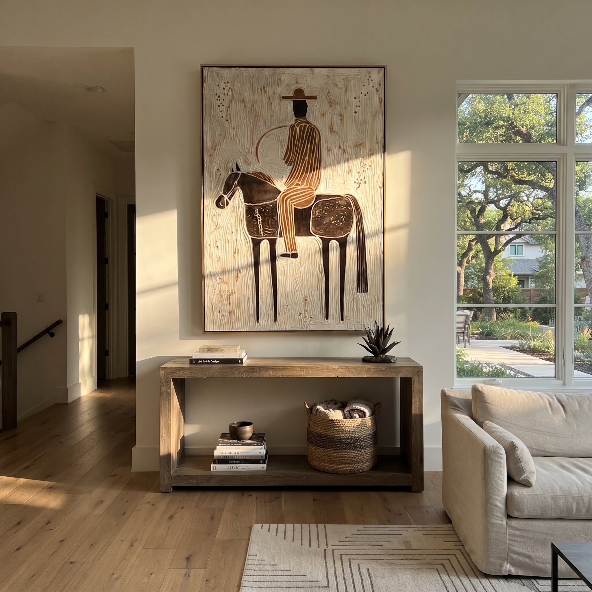 Black Saddle Holds Stripes - spotted horse rider painting by Elliot Vale, modern figurative vertical wall art - styled room scene view 3