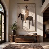 Black Saddle Holds Stripes - spotted horse rider painting by Elliot Vale, modern figurative vertical wall art - styled room scene view 4