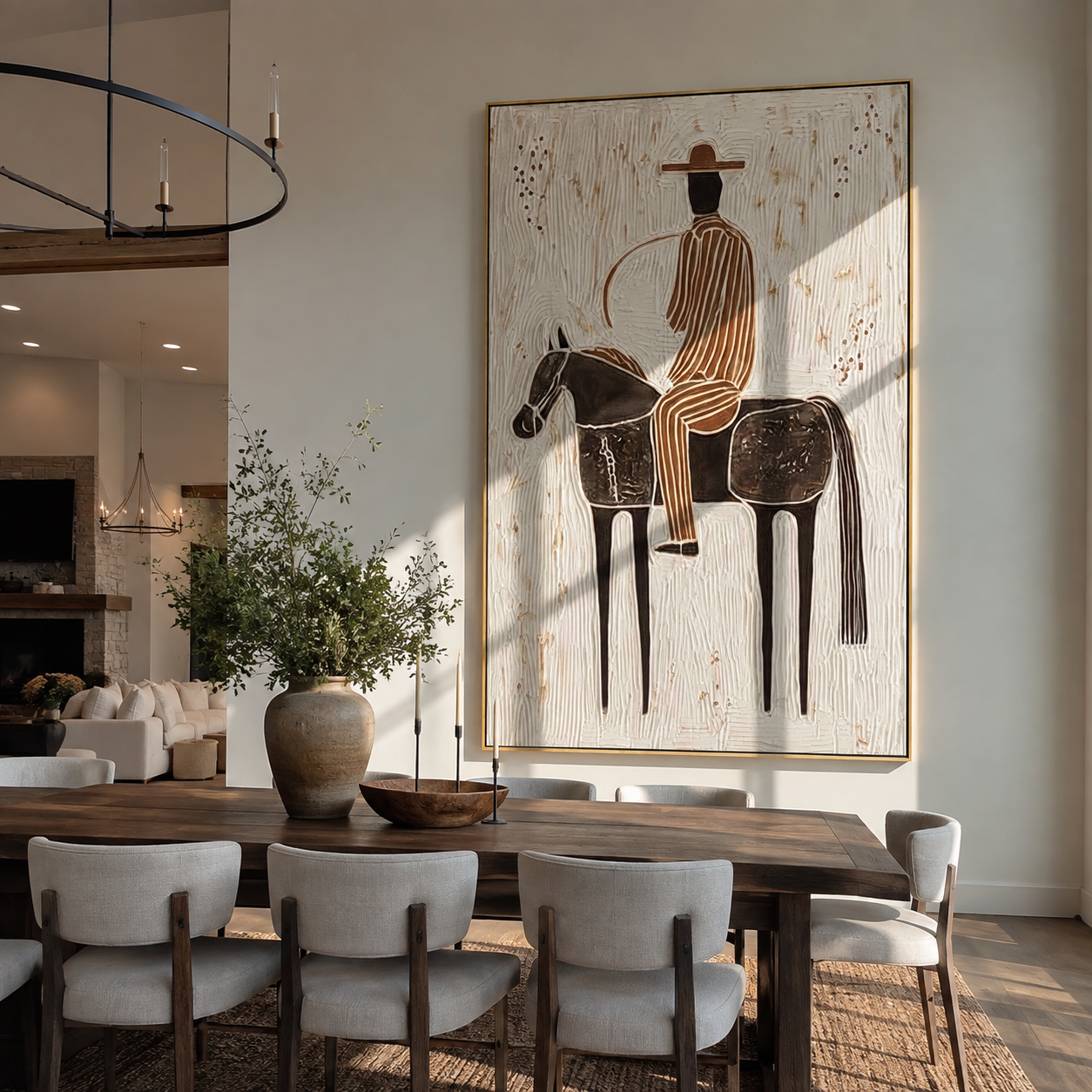 Black Saddle Holds Stripes - spotted horse rider painting by Elliot Vale, modern figurative vertical wall art - styled room scene view 5