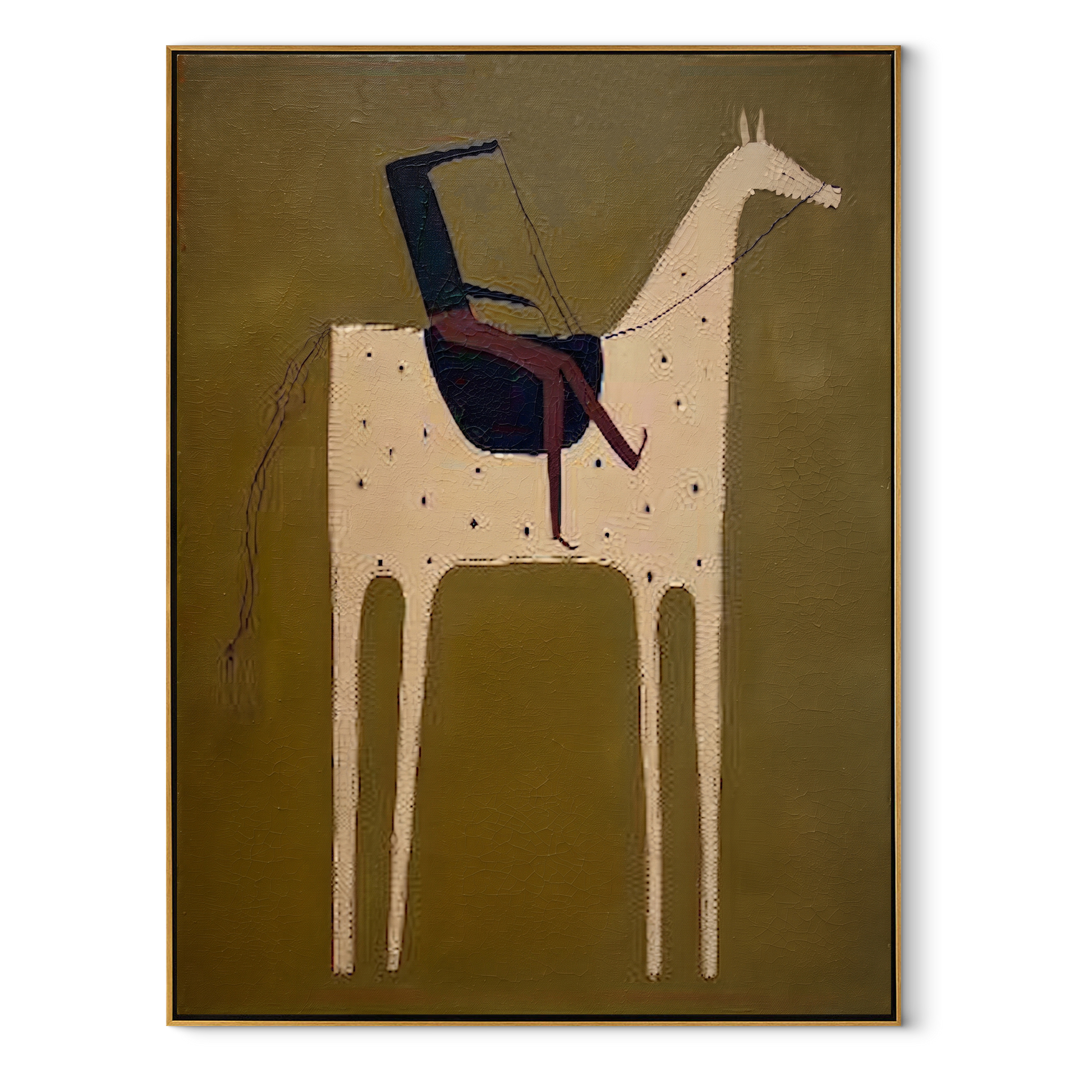 Blue Rider Meets Cream - cream horse rider painting by Elliot Vale, modern figurative vertical wall art - wood frame on white background