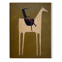 Blue Rider Meets Cream - cream horse rider painting by Elliot Vale, modern figurative vertical wall art - wood frame on white background