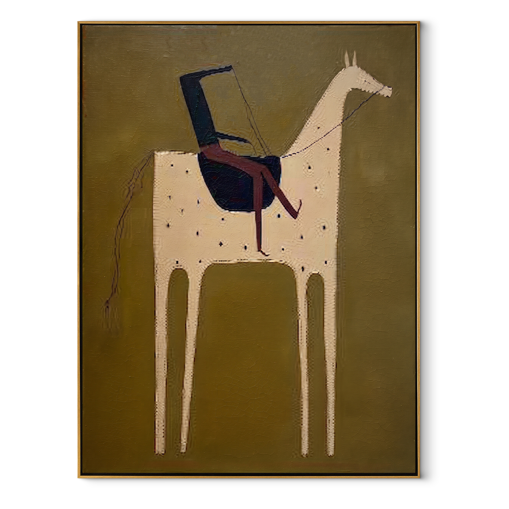 Blue Rider Meets Cream - cream horse rider painting by Elliot Vale, modern figurative vertical wall art - wood frame on white background