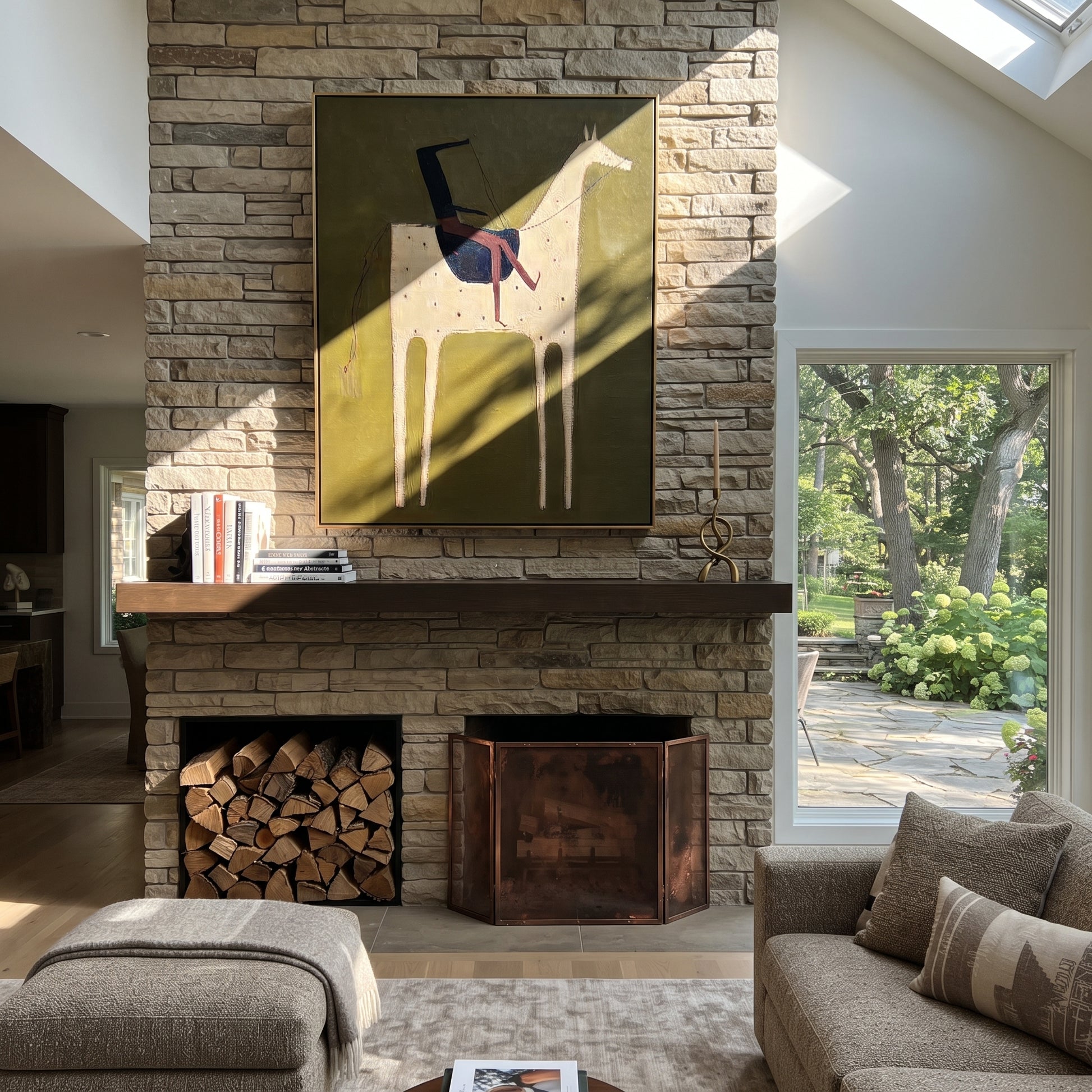 Blue Rider Meets Cream - cream horse rider painting by Elliot Vale, modern figurative vertical wall art - styled room scene view 2