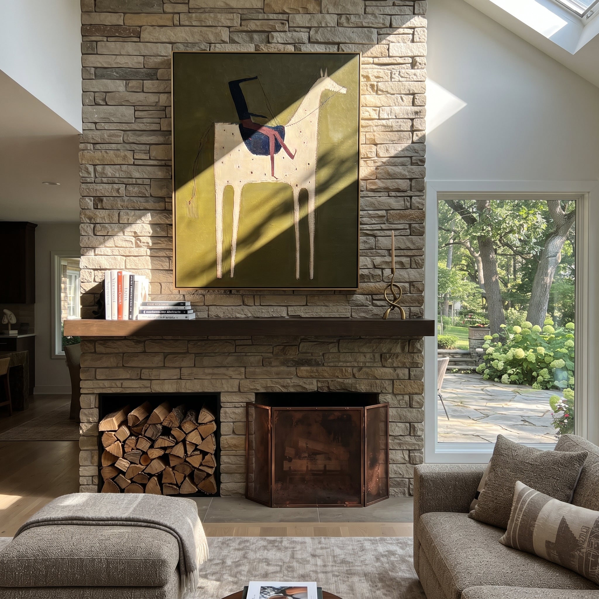 Blue Rider Meets Cream - cream horse rider painting by Elliot Vale, modern figurative vertical wall art - styled room scene view 2