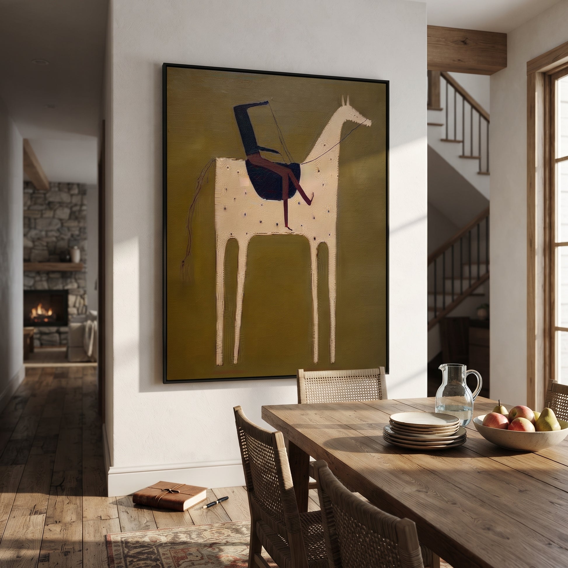 Blue Rider Meets Cream - cream horse rider painting by Elliot Vale, modern figurative vertical wall art - styled room scene view 3
