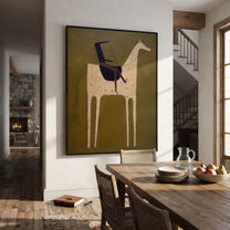 Blue Rider Meets Cream - cream horse rider painting by Elliot Vale, modern figurative vertical wall art - styled room scene view 3