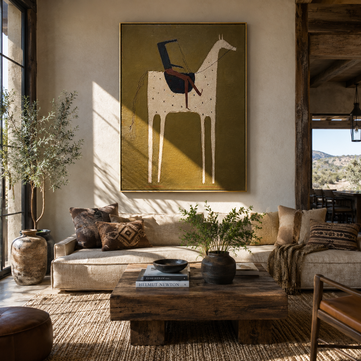 Blue Rider Meets Cream - cream horse rider painting by Elliot Vale, modern figurative vertical wall art - styled room scene view 4