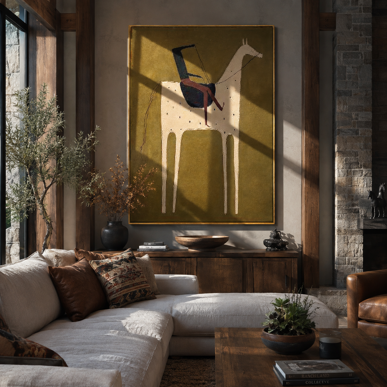 Blue Rider Meets Cream - cream horse rider painting by Elliot Vale, modern figurative vertical wall art - styled room scene view 5