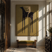 Midnight Horse Carries Ivory - minimal dark horse painting by Elliot Vale, modern figurative vertical wall art - styled room scene view 1