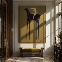 Midnight Horse Carries Ivory - minimal dark horse painting by Elliot Vale, modern figurative vertical wall art - styled room scene view 1