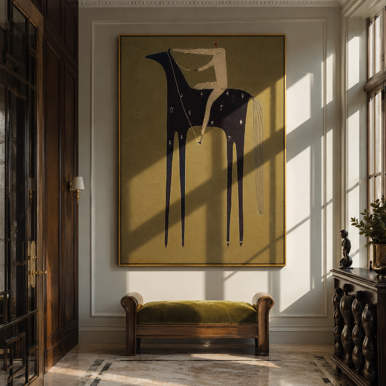 Midnight Horse Carries Ivory - minimal dark horse painting by Elliot Vale, modern figurative vertical wall art - styled room scene view 1