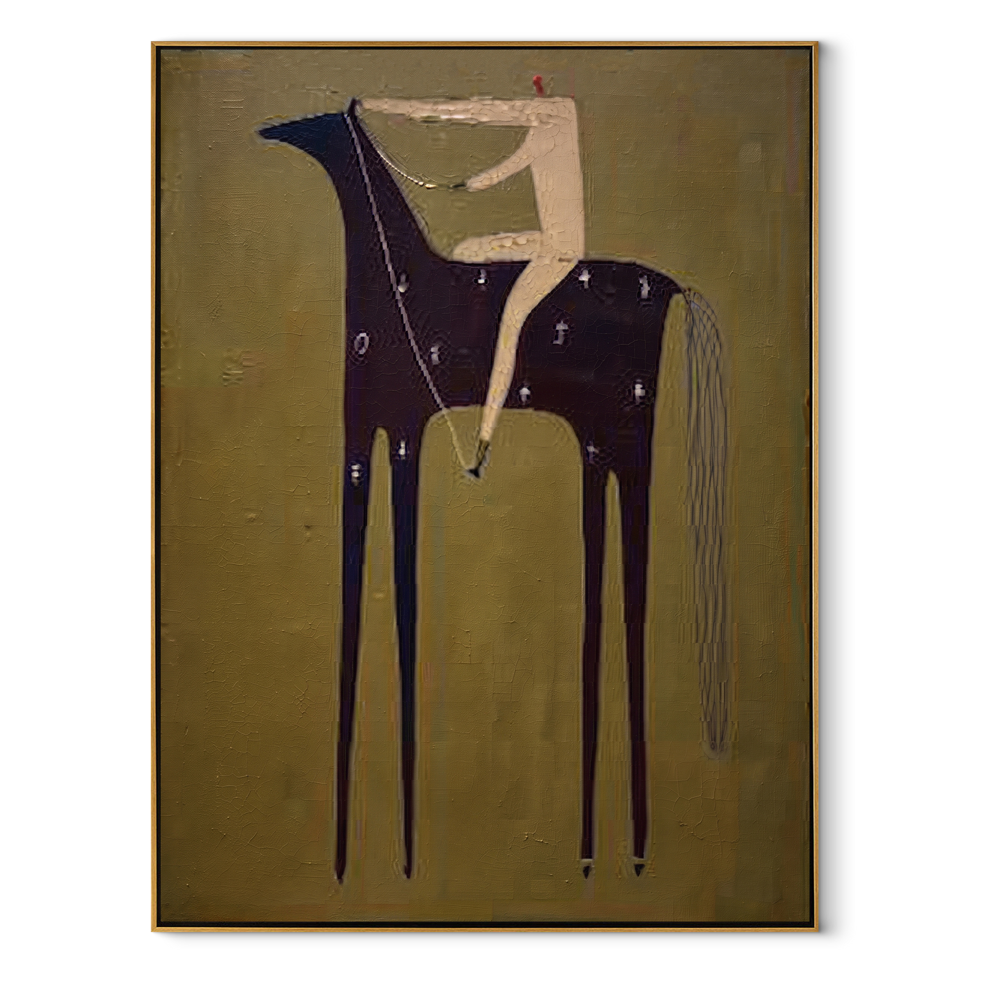 Midnight Horse Carries Ivory - minimal dark horse painting by Elliot Vale, modern figurative vertical wall art - wood frame on white background