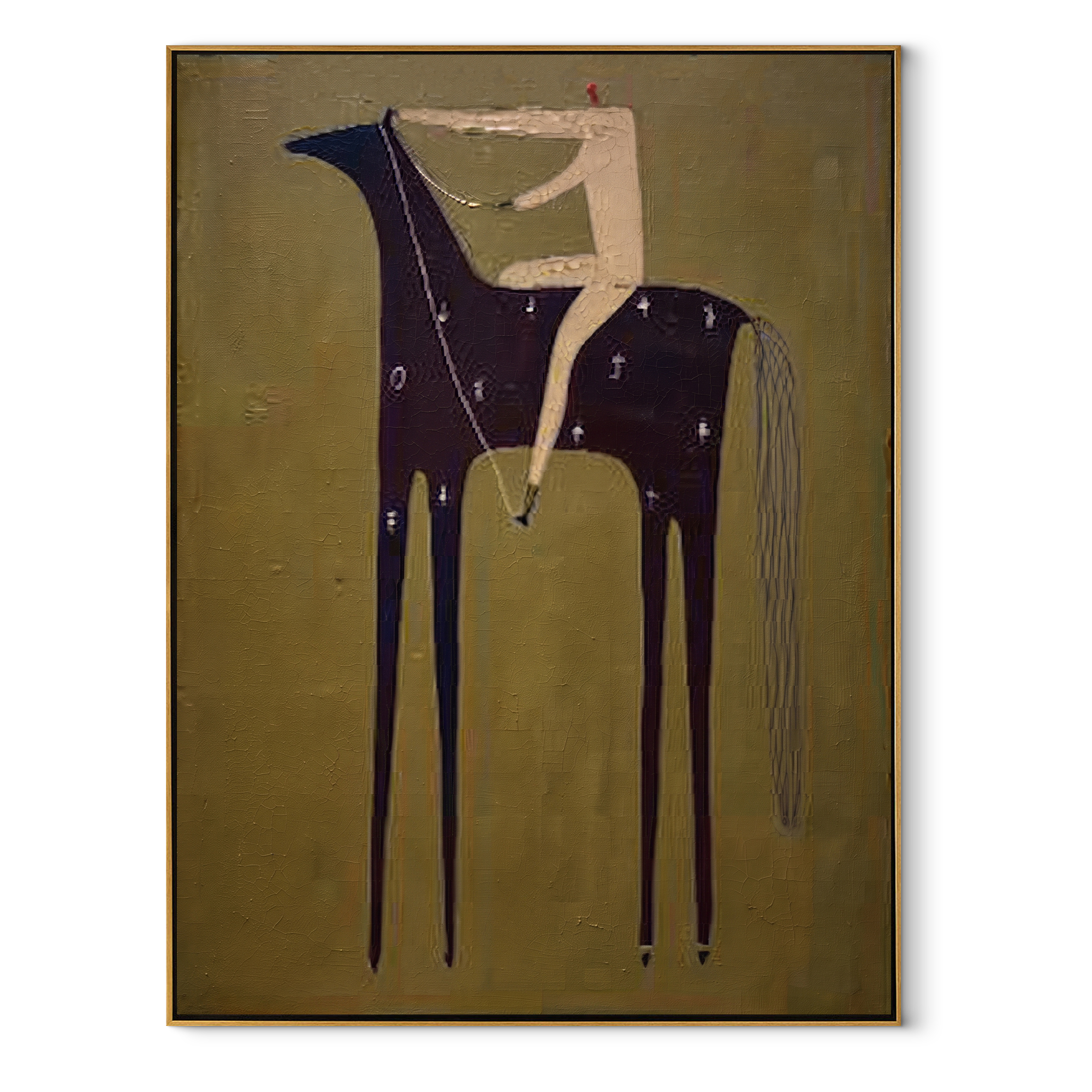 Midnight Horse Carries Ivory - minimal dark horse painting by Elliot Vale, modern figurative vertical wall art - wood frame on white background
