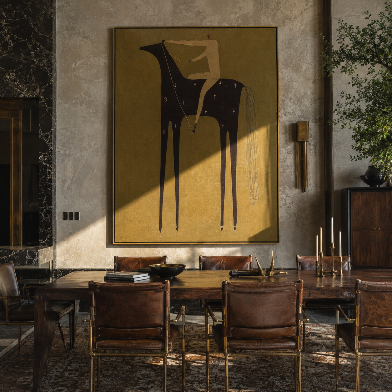 Midnight Horse Carries Ivory - minimal dark horse painting by Elliot Vale, modern figurative vertical wall art - styled room scene view 2