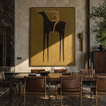 Midnight Horse Carries Ivory - minimal dark horse painting by Elliot Vale, modern figurative vertical wall art - styled room scene view 2