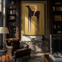 Midnight Horse Carries Ivory - minimal dark horse painting by Elliot Vale, modern figurative vertical wall art - styled room scene view 3