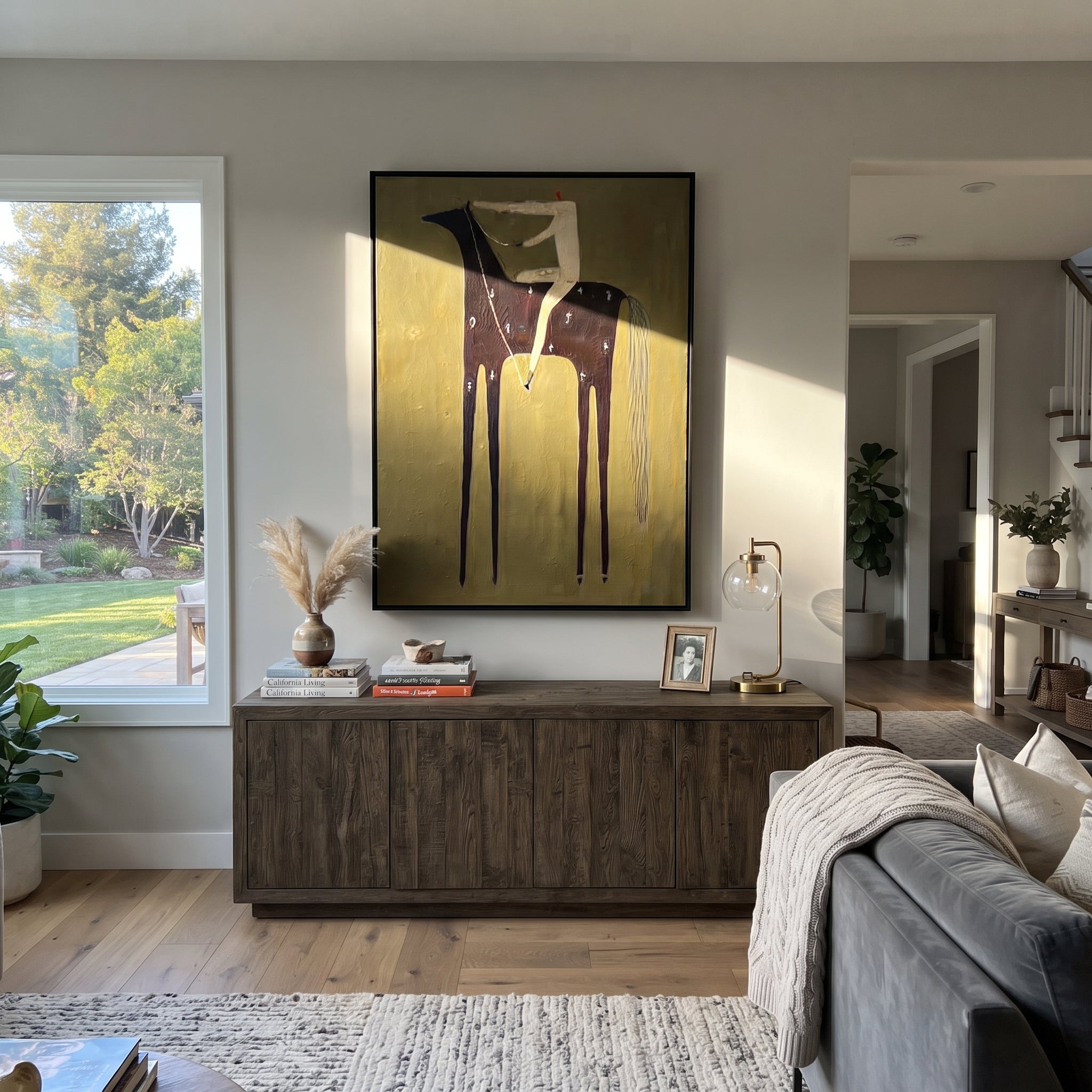 Midnight Horse Carries Ivory - minimal dark horse painting by Elliot Vale, modern figurative vertical wall art - styled room scene view 4