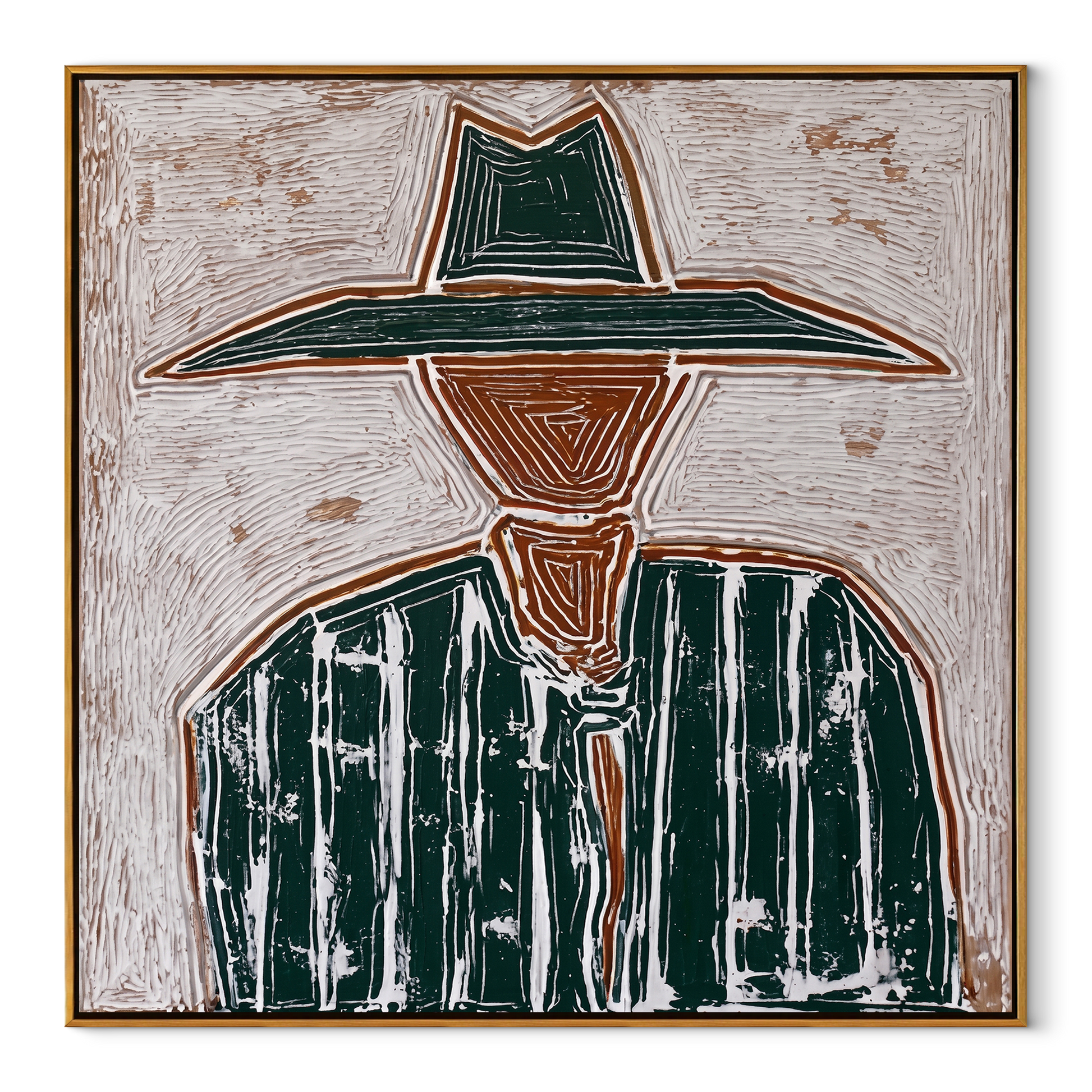 Green Brim Meets Pinstripes - green striped sombrero painting by Elliot Vale, modern figurative square wall art - wood frame on white background