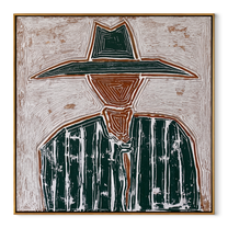 Green Brim Meets Pinstripes - green striped sombrero painting by Elliot Vale, modern figurative square wall art - wood frame on white background