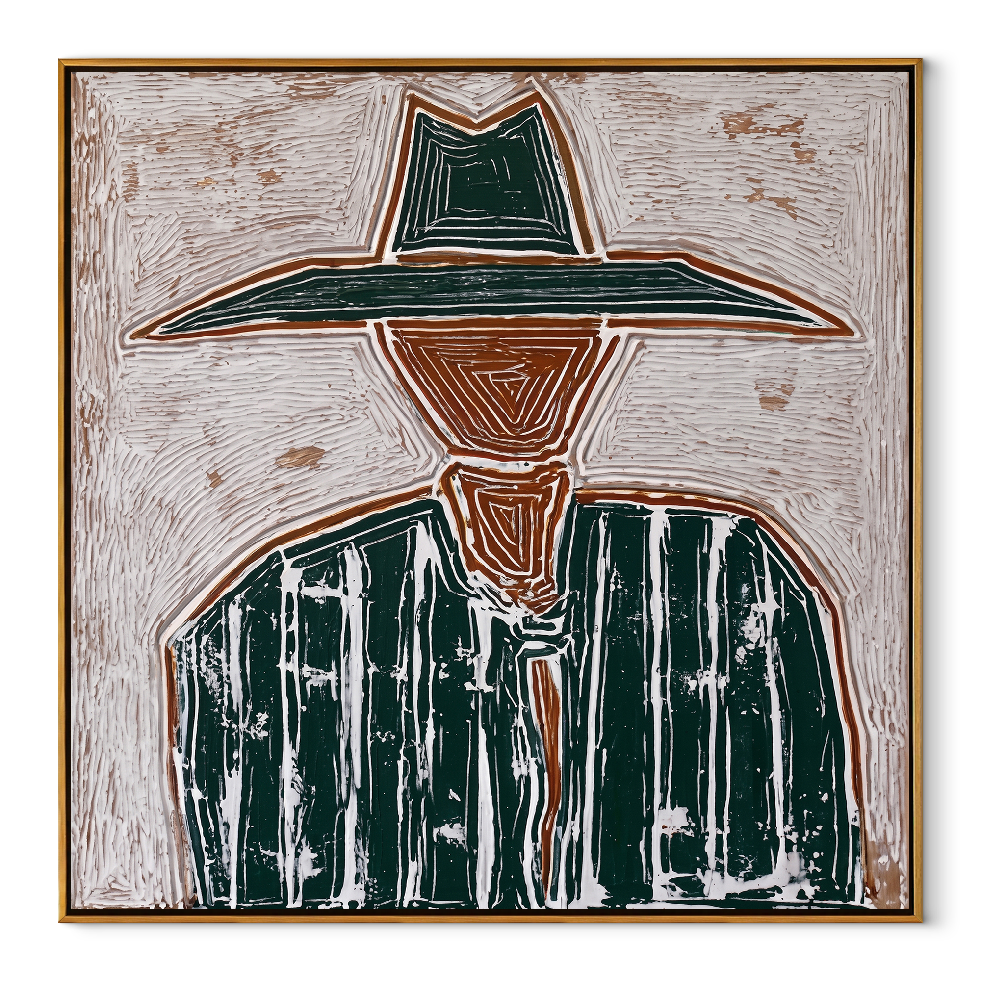 Green Brim Meets Pinstripes - green striped sombrero painting by Elliot Vale, modern figurative square wall art - wood frame on white background