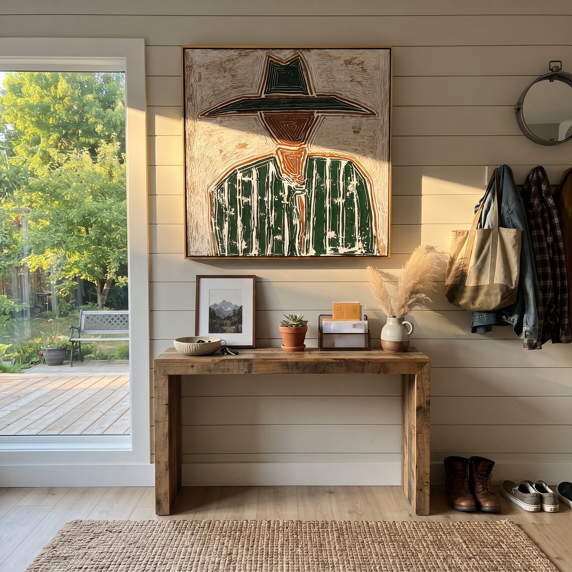 Green Brim Meets Pinstripes - green striped sombrero painting by Elliot Vale, modern figurative square wall art - styled room scene view 2