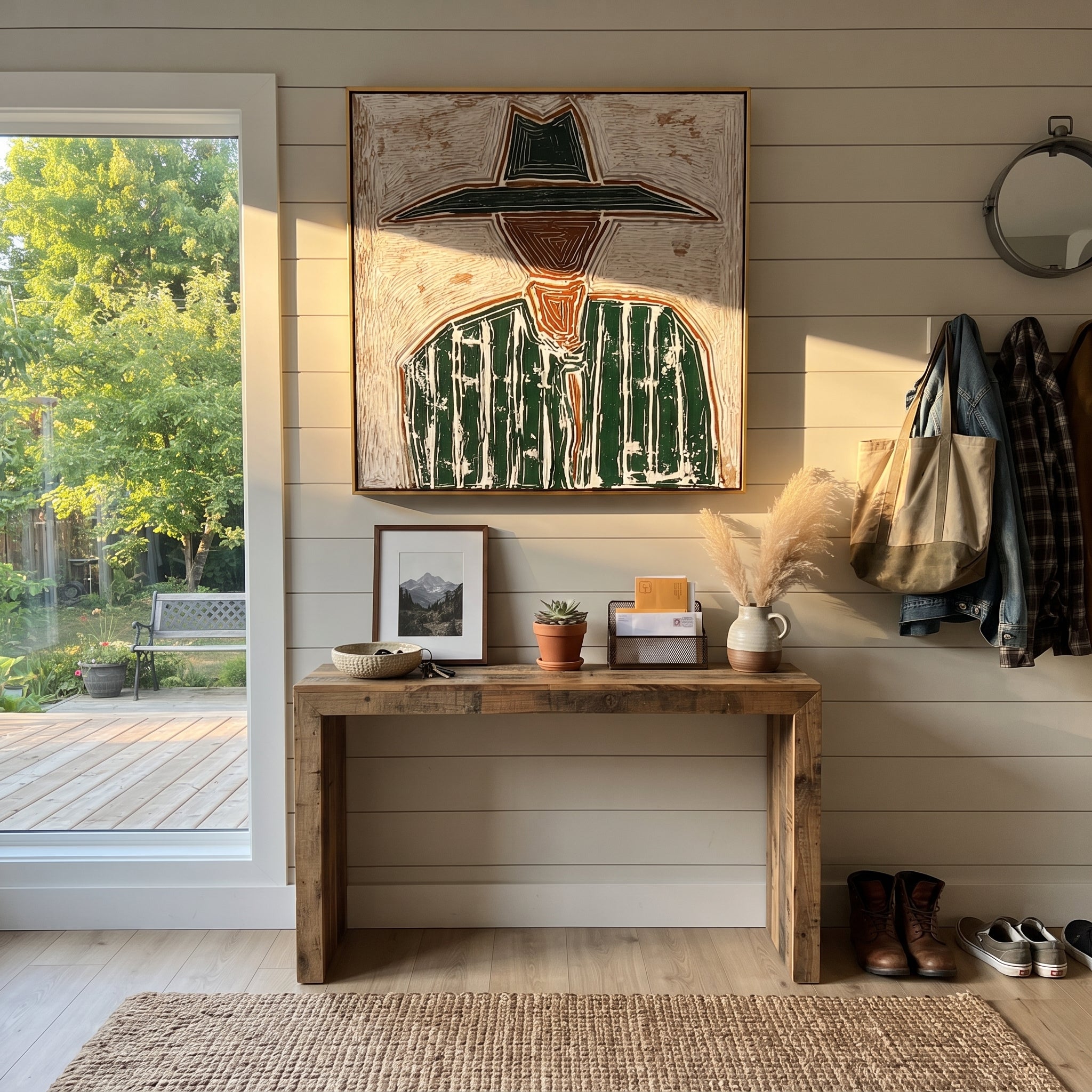 Green Brim Meets Pinstripes - green striped sombrero painting by Elliot Vale, modern figurative square wall art - styled room scene view 2