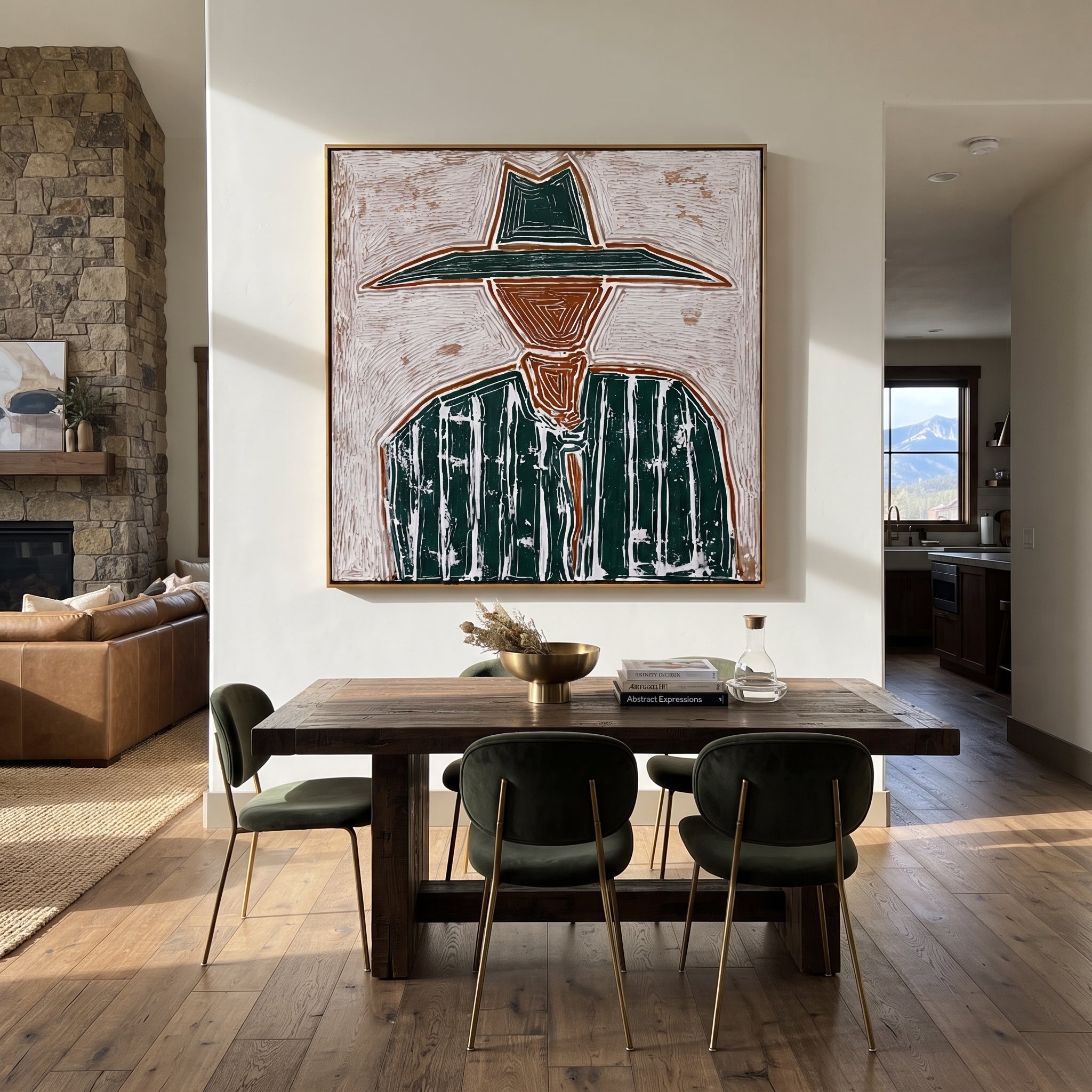 Green Brim Meets Pinstripes - green striped sombrero painting by Elliot Vale, modern figurative square wall art - styled room scene view 3