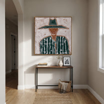 Green Brim Meets Pinstripes - green striped sombrero painting by Elliot Vale, modern figurative square wall art - styled room scene view 4