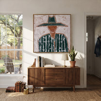 Green Brim Meets Pinstripes - green striped sombrero painting by Elliot Vale, modern figurative square wall art - styled room scene view 5