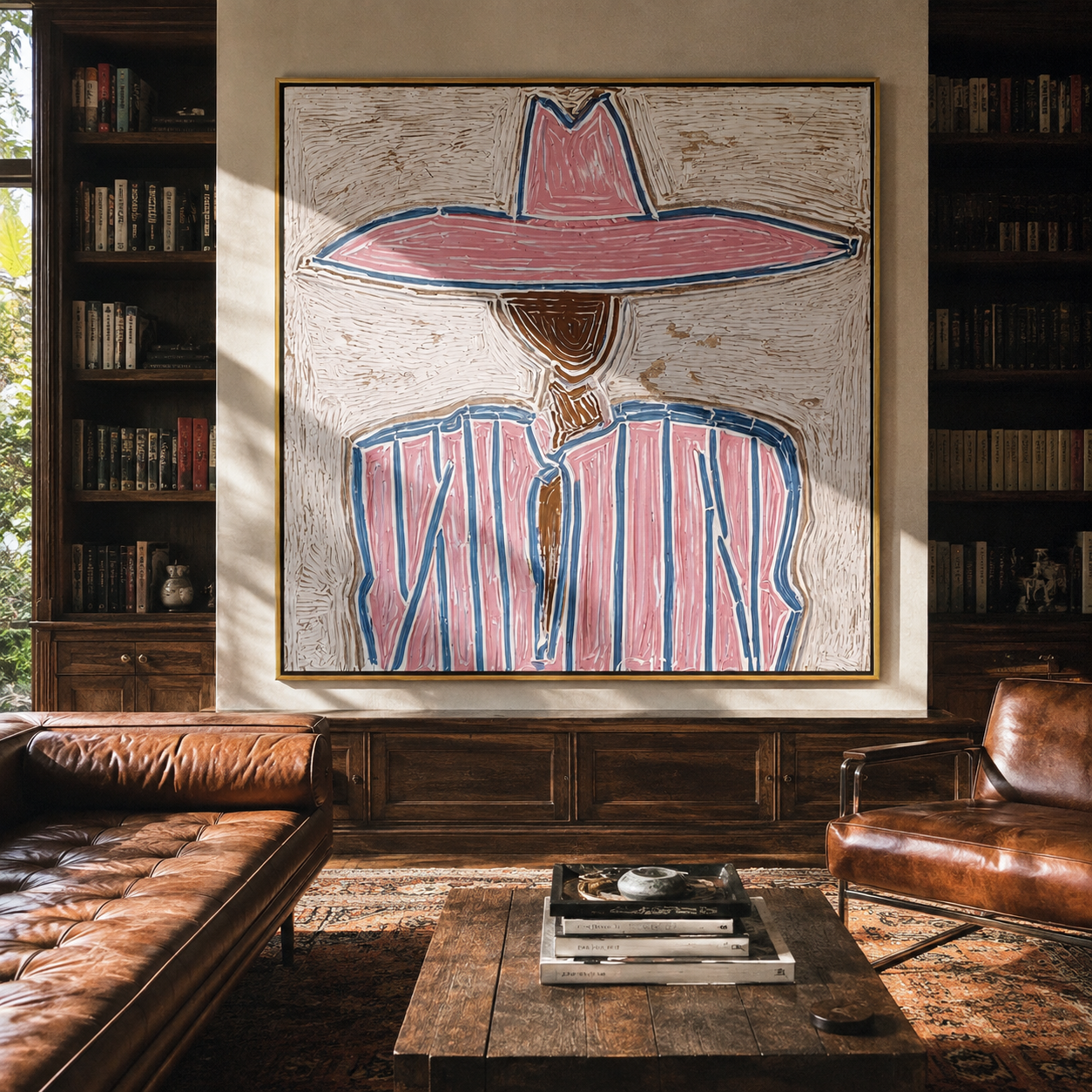 Rose Brim Traces Blue - pink blue striped figure painting by Elliot Vale, modern figurative square wall art - styled room scene view 1