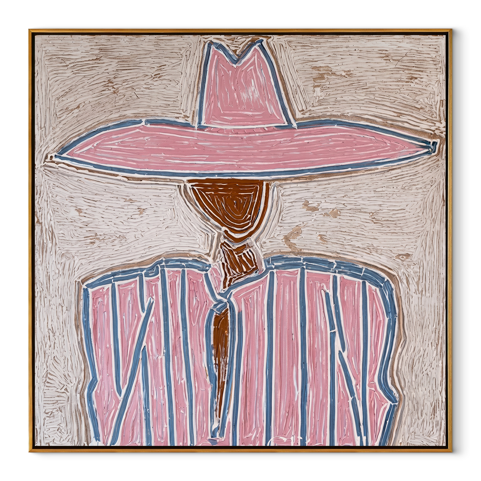 Rose Brim Traces Blue - pink blue striped figure painting by Elliot Vale, modern figurative square wall art - wood frame on white background