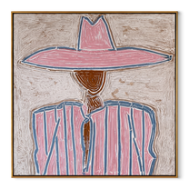 Rose Brim Traces Blue - pink blue striped figure painting by Elliot Vale, modern figurative square wall art - wood frame on white background