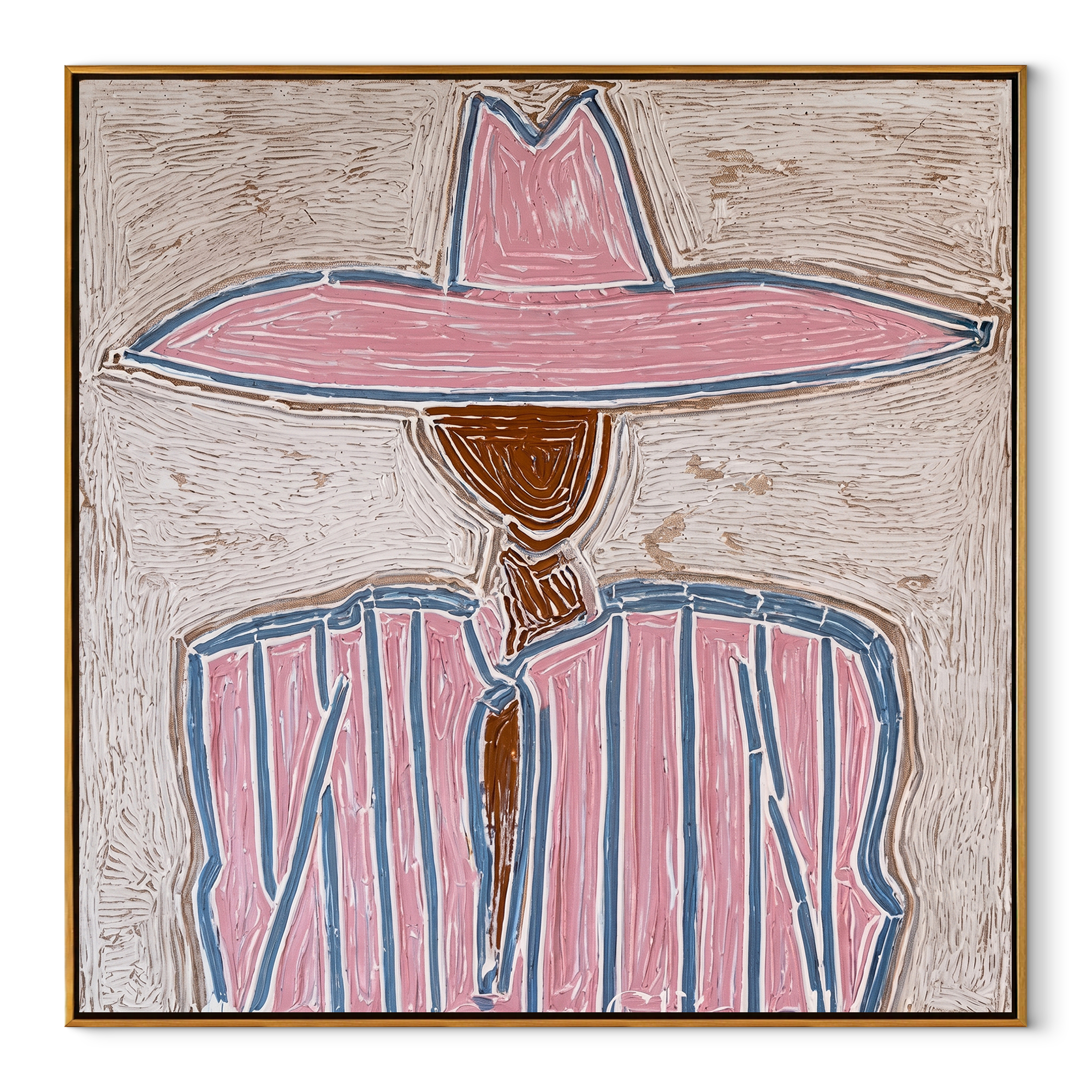 Rose Brim Traces Blue - pink blue striped figure painting by Elliot Vale, modern figurative square wall art - wood frame on white background