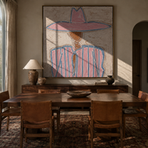 Rose Brim Traces Blue - pink blue striped figure painting by Elliot Vale, modern figurative square wall art - styled room scene view 2