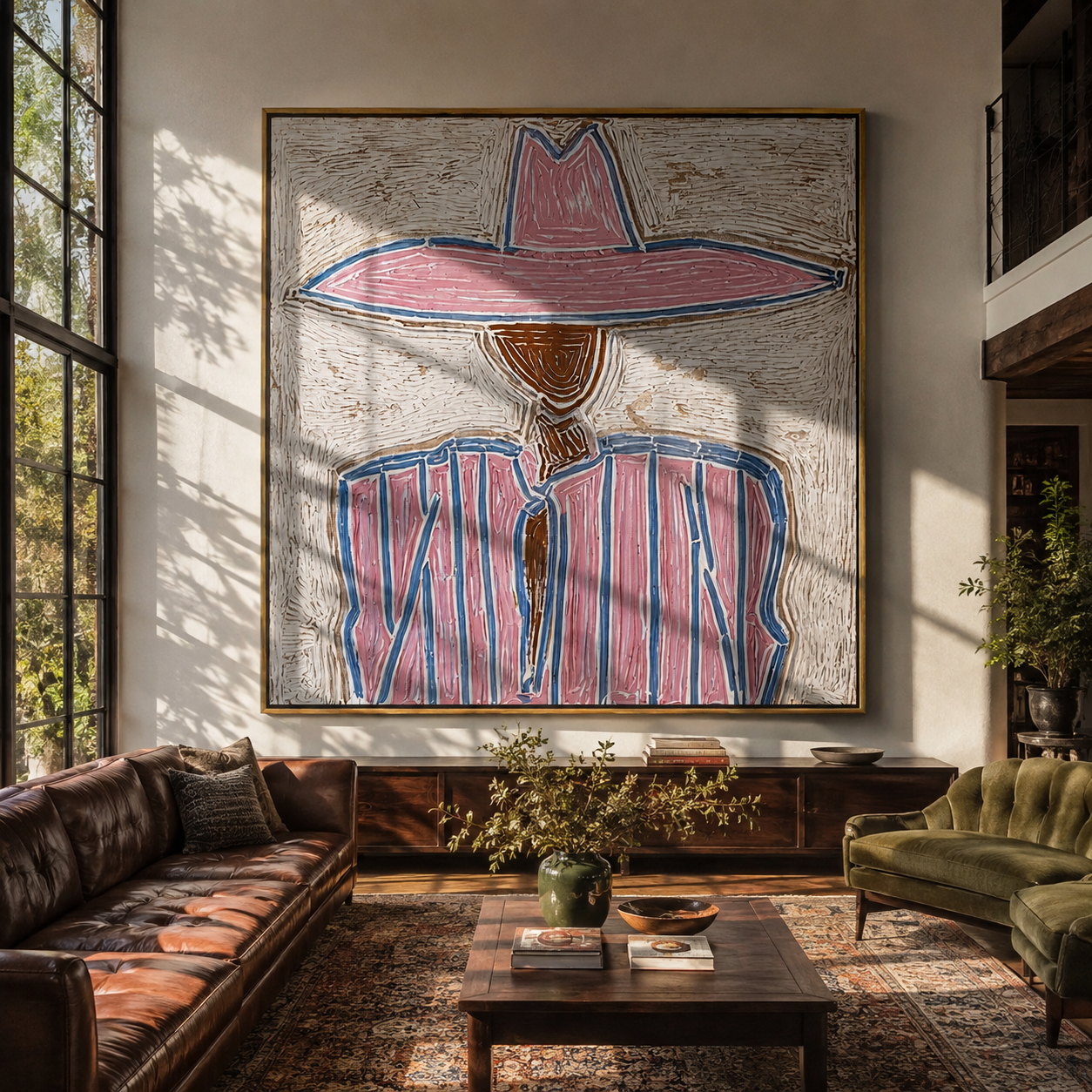 Rose Brim Traces Blue - pink blue striped figure painting by Elliot Vale, modern figurative square wall art - styled room scene view 3