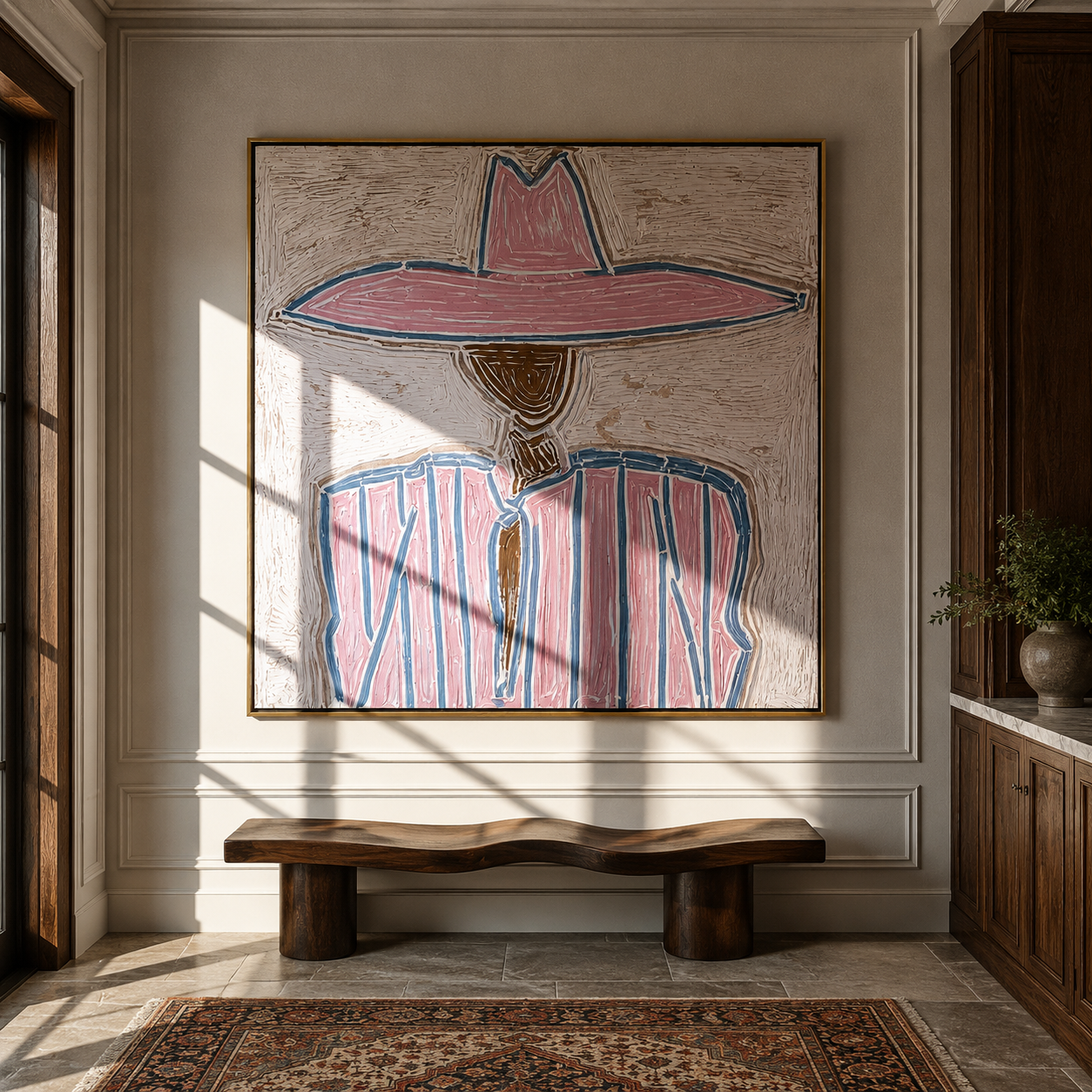 Rose Brim Traces Blue - pink blue striped figure painting by Elliot Vale, modern figurative square wall art - styled room scene view 4