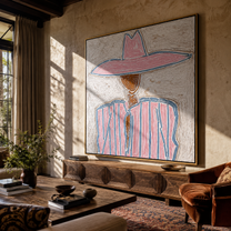 Rose Brim Traces Blue - pink blue striped figure painting by Elliot Vale, modern figurative square wall art - styled room scene view 5
