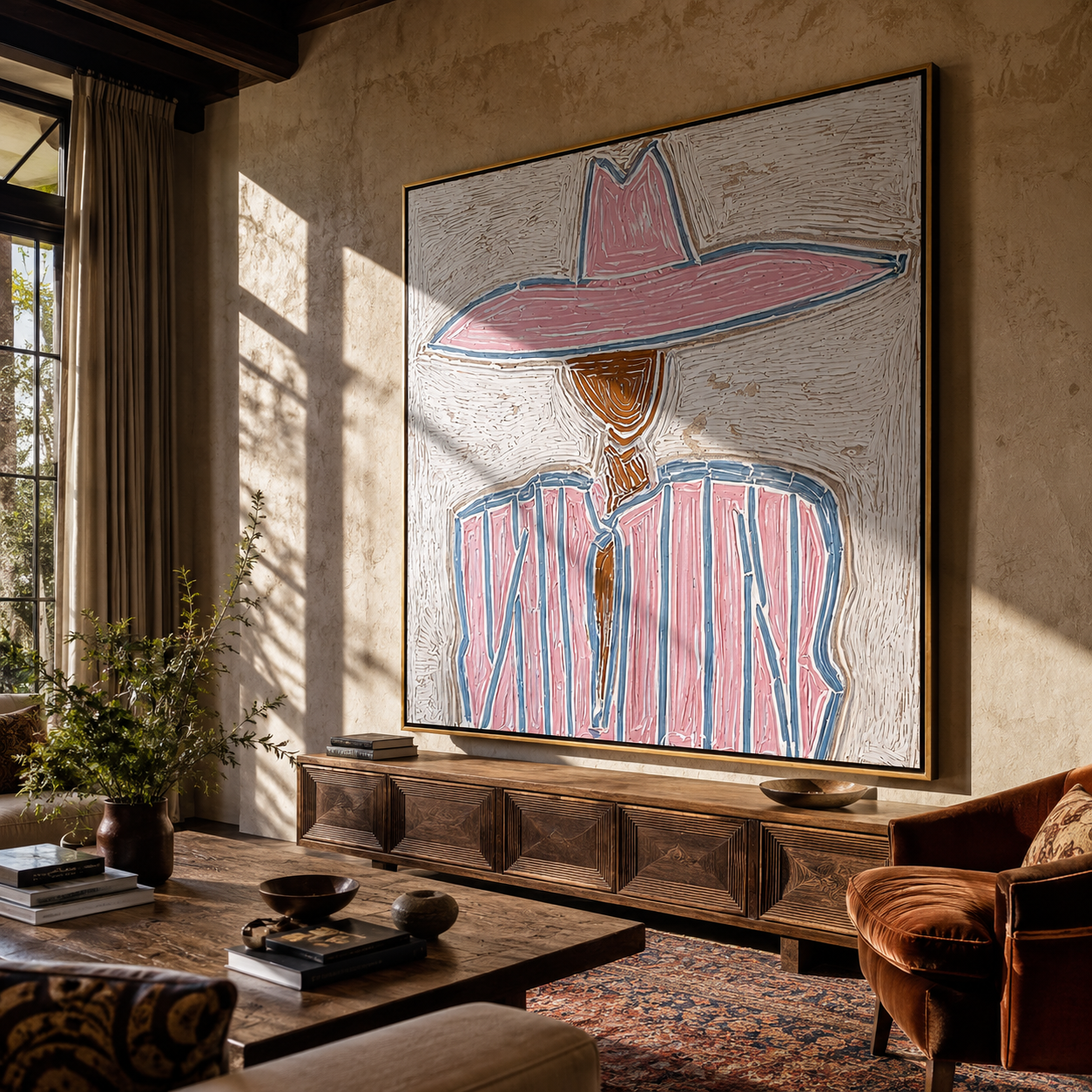 Rose Brim Traces Blue - pink blue striped figure painting by Elliot Vale, modern figurative square wall art - styled room scene view 5