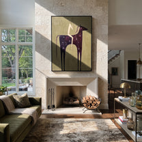 Dark Horse Holds Linen - minimal black horse rider painting by Elliot Vale, modern figurative vertical wall art - styled room scene view 1