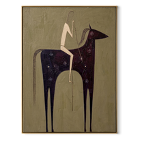 Dark Horse Holds Linen - minimal black horse rider painting by Elliot Vale, modern figurative vertical wall art - wood frame on white background