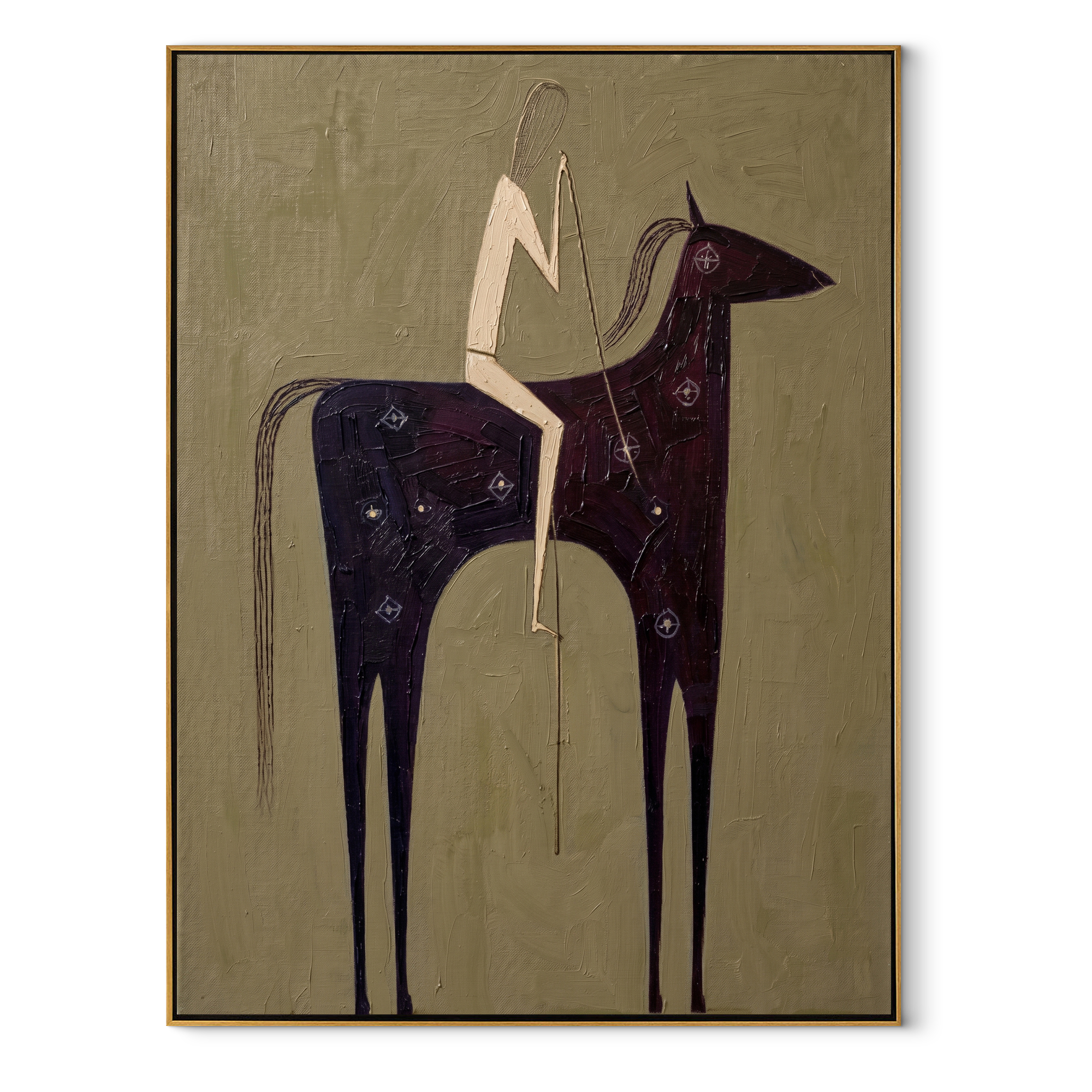 Dark Horse Holds Linen - minimal black horse rider painting by Elliot Vale, modern figurative vertical wall art - wood frame on white background