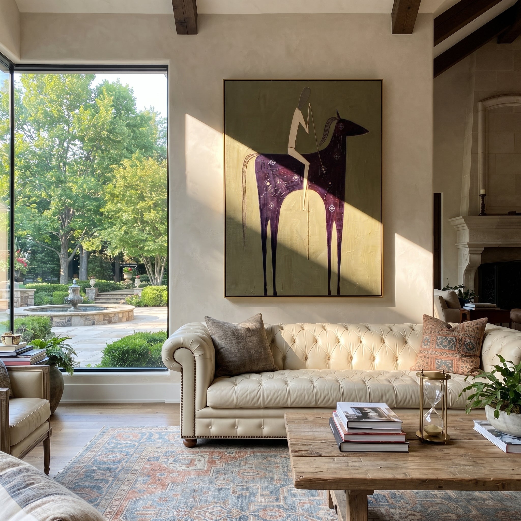 Dark Horse Holds Linen - minimal black horse rider painting by Elliot Vale, modern figurative vertical wall art - styled room scene view 2